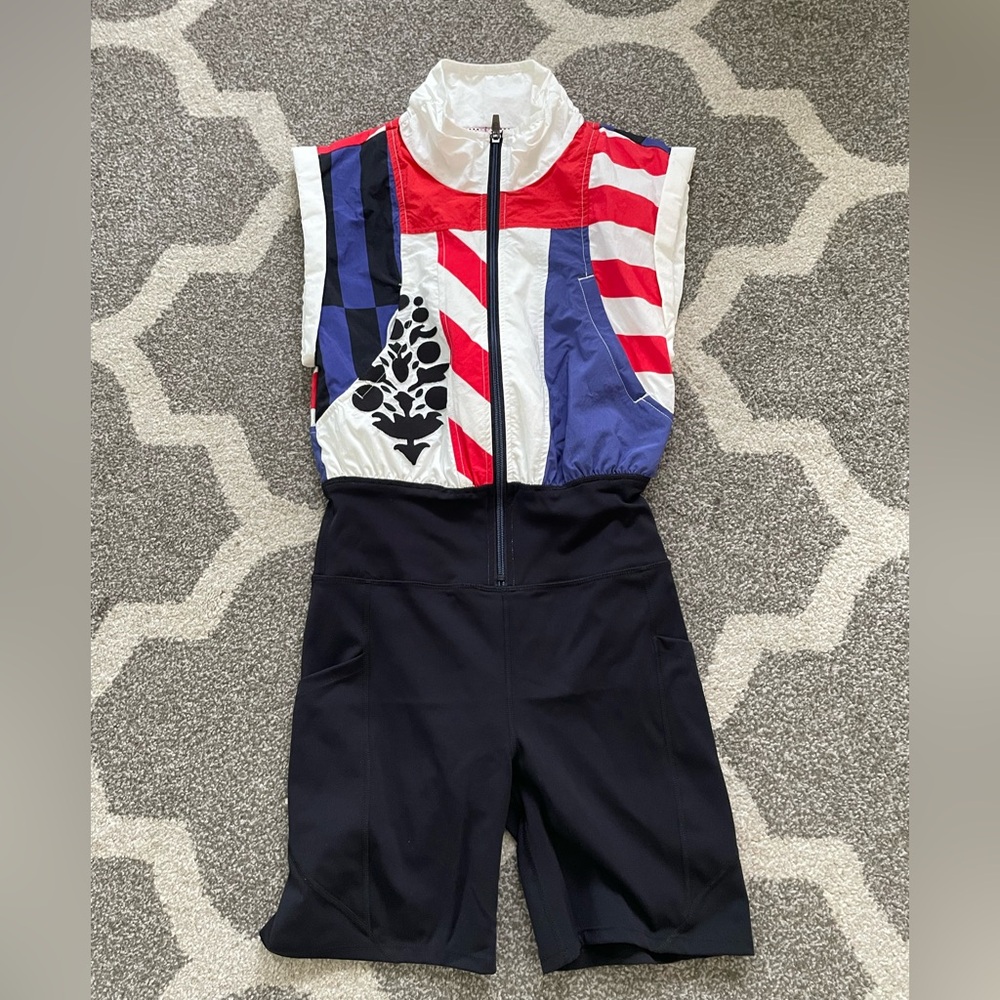 FREE PEOPLE MOVEMENT Stretch Bodysuit shirt Romper Biker Shorts Patriotic XS